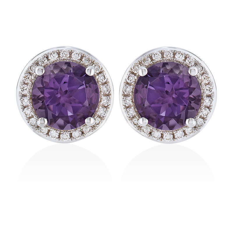 18ct White Gold Round Cut Amethyst and Round Brilliant Cut Diamond Halo Cluster Stud Earrings