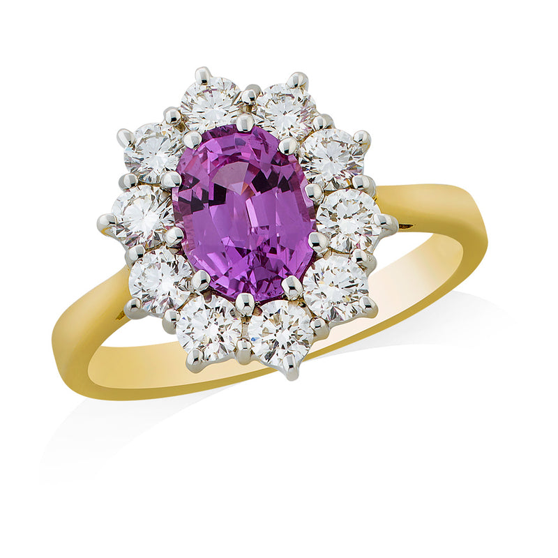 18ct Yellow and White Gold Cluster Oval Cut Pink Sapphire and Round Brilliant Cut Pink Sapphire Ring