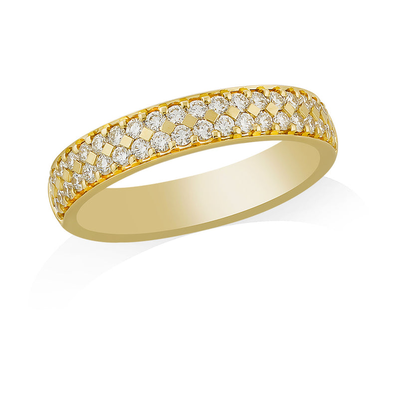 18ct Yellow Gold Two Row Pave Set Round Brilliant Cut Diamond Wedding Ring