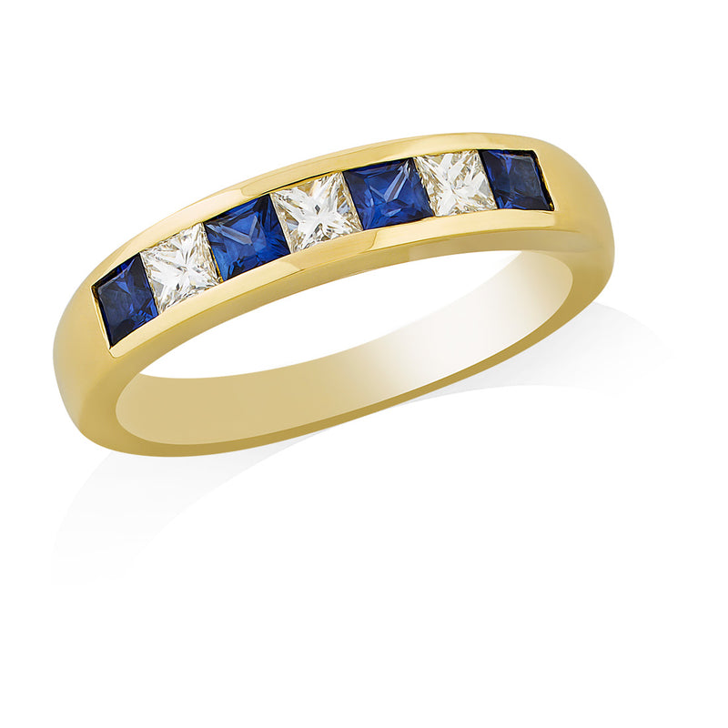 18ct Yellow Gold Channel Set Princess Cut Sapphire and Princess Cut Diamond Half Eternity Ring
