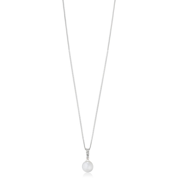 18ct White Gold Akoya Cultured Pearl and Diamond Pendant and Chain