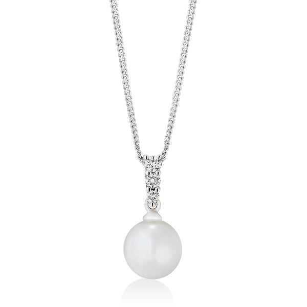 18ct White Gold Akoya Cultured Pearl and Diamond Pendant and Chain