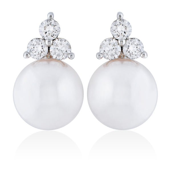 18ct White Gold Akoya Cultured Pearl and Round Brilliant Cut Diamond Stud Earrings