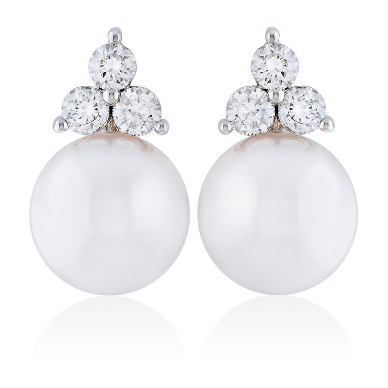 18ct White Gold Akoya Cultured Pearl and Round Brilliant Cut Diamond Trefoil Stud Earrings