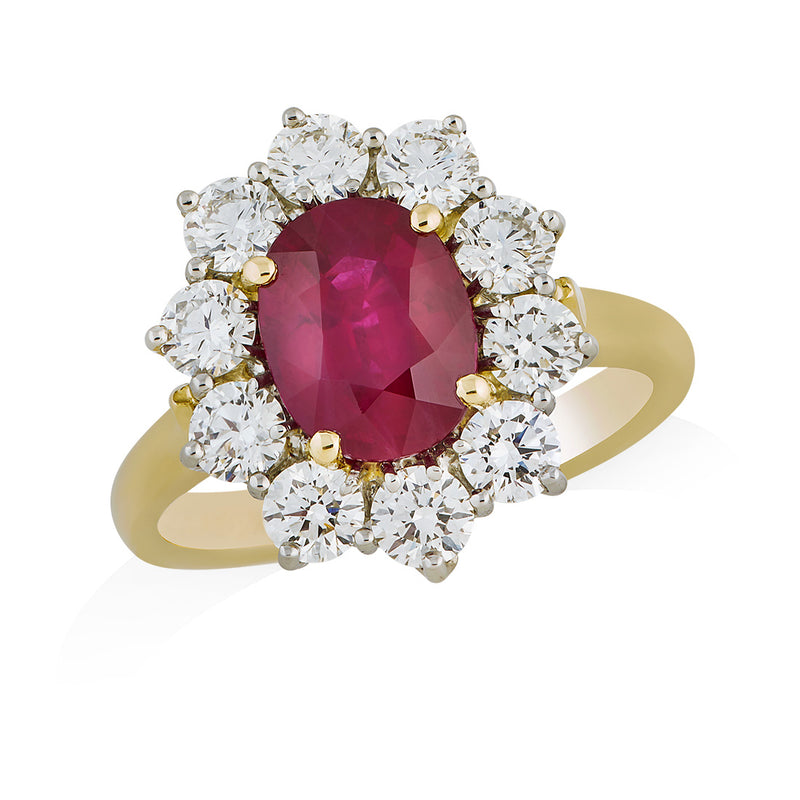 18ct Yellow Gold and Platinum Four Claw Set Oval Cut Ruby and Diamond Cluster Ring