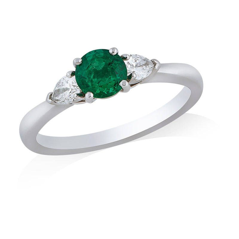 Platinum Three Stone Four Claw Set Round Cut Emerald and Pear Cut Diamond Ring