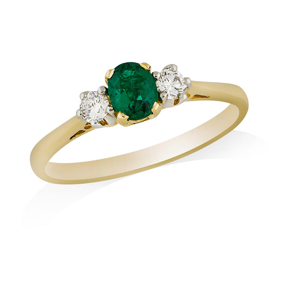 18ct Yellow Gold and Platinum Three Stone Four Claw Set Oval Cut Emerald and Round Brilliant Cut Diamond Ring with Tapered Shoulders 