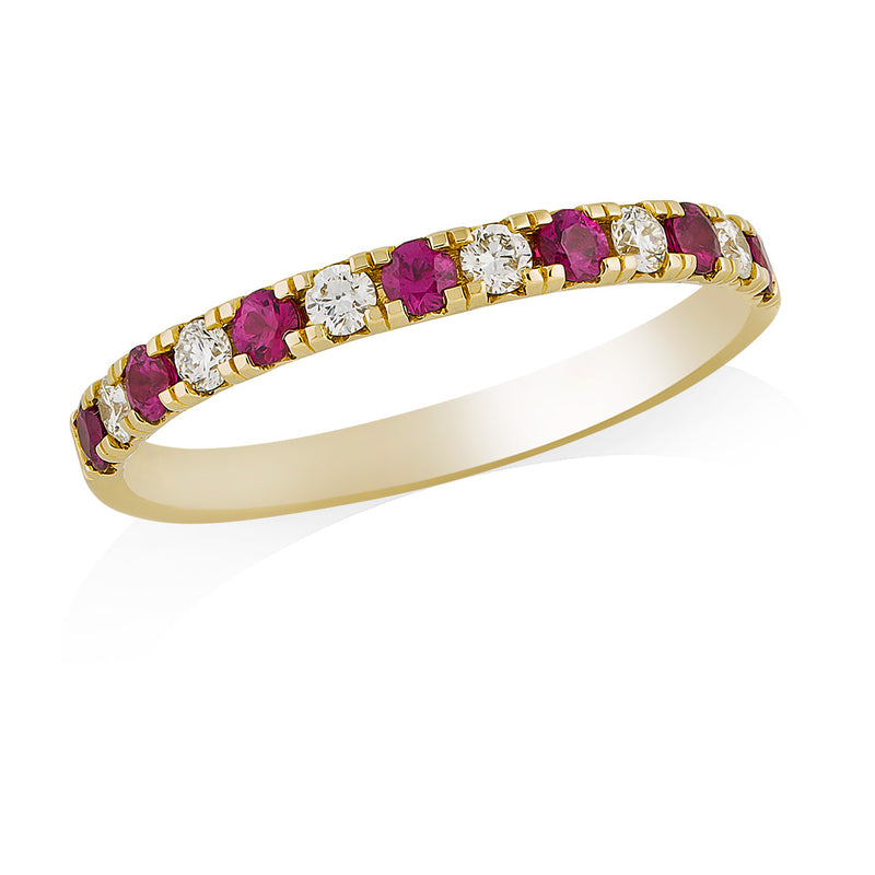 18ct Yellow Gold Round Cut Ruby and Round Brilliant Cut Diamond Half Eternity Ring