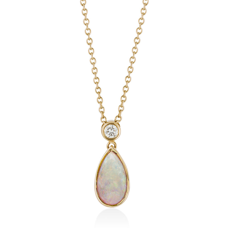 18ct Yellow Gold Pear Shaped Opal and Round Brilliant Cut Diamond Drop Pendant and Chain