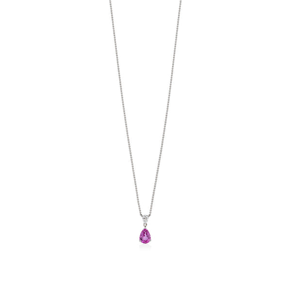 18ct White Gold Pear Shaped Pink Sapphire and Pear Cut Diamond Drop Pendant and Chain