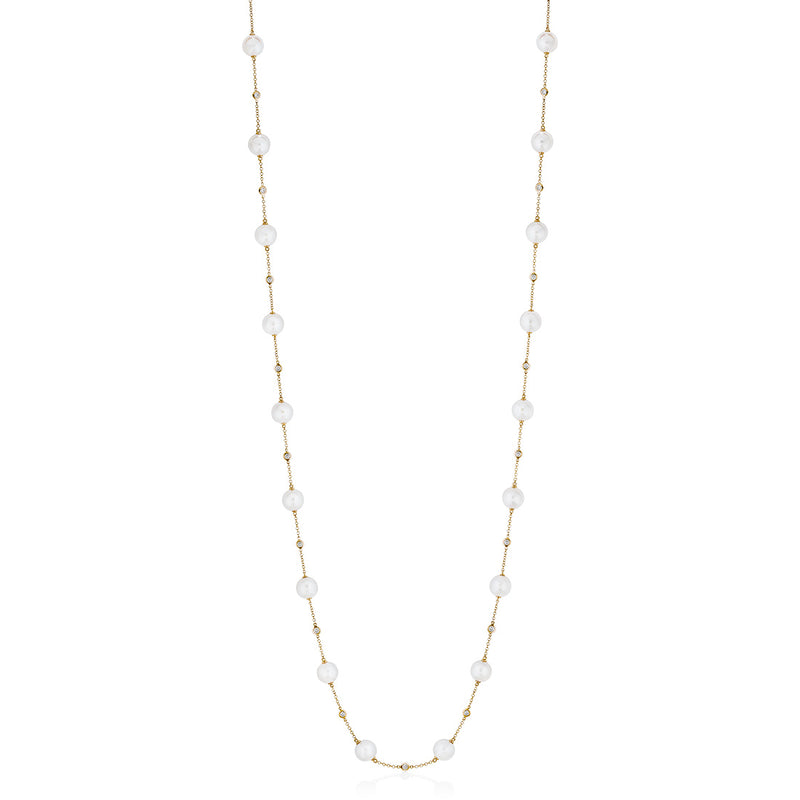 18ct Yellow Gold Akoya Cultured Pearl Diamond Chain Necklace