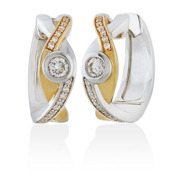 18ct Yellow and White Gold Rub and Grain Set Round Brilliant Cut Diamond Hoop Earrings