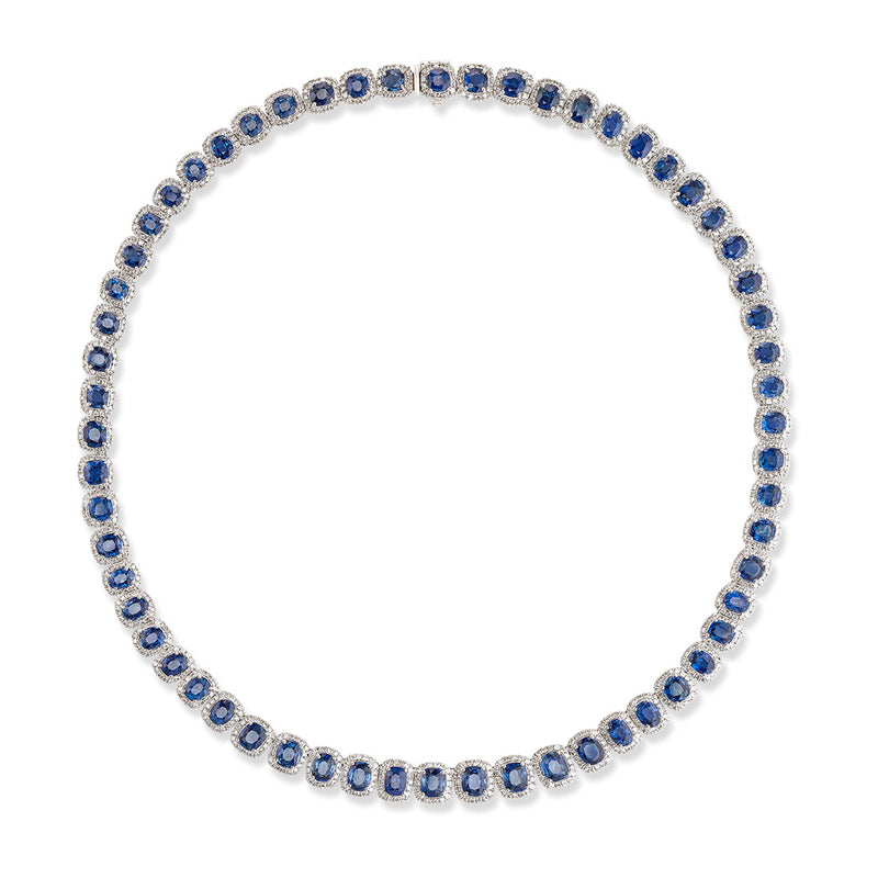 Platinum Four Claw Set Cushion Cut Unheated Sapphire and Diamond Cluster Link Necklace