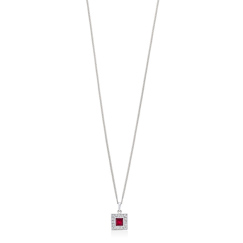 Platinum Rub Set Step Cut Unheated Ruby and French Cut Diamond Cluster Pendant and Chain