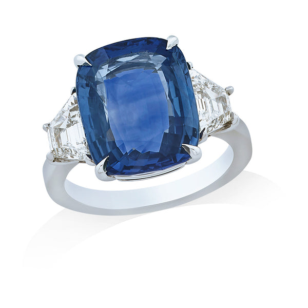 Platinum Three Stone Four Claw Set Long Cushion Cut Sapphire and Trapeze Cut Diamond Ring