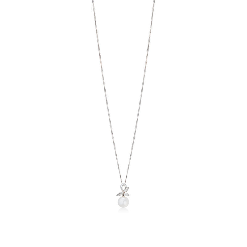 18ct White Gold Akoya Cultured Pearl and Diamond Pendant and Chain