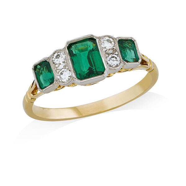 18ct Yellow Gold and Platinum Seven Stone Trap Cut Emerald and Diamond Ring