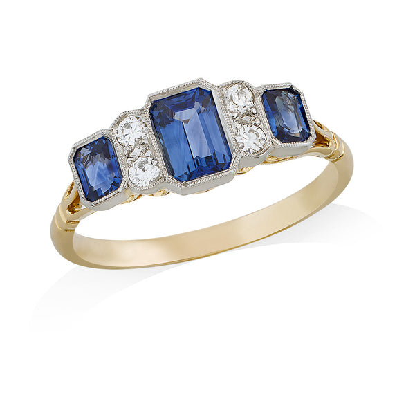 18ct Yellow Gold and Platinum Seven Stone Trap Cut Sapphire and Diamond Ring