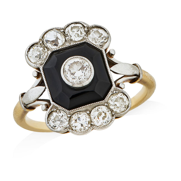 Antique Art Deco Platinum and Gold Onyx and Old Cut Diamond Target Ring
