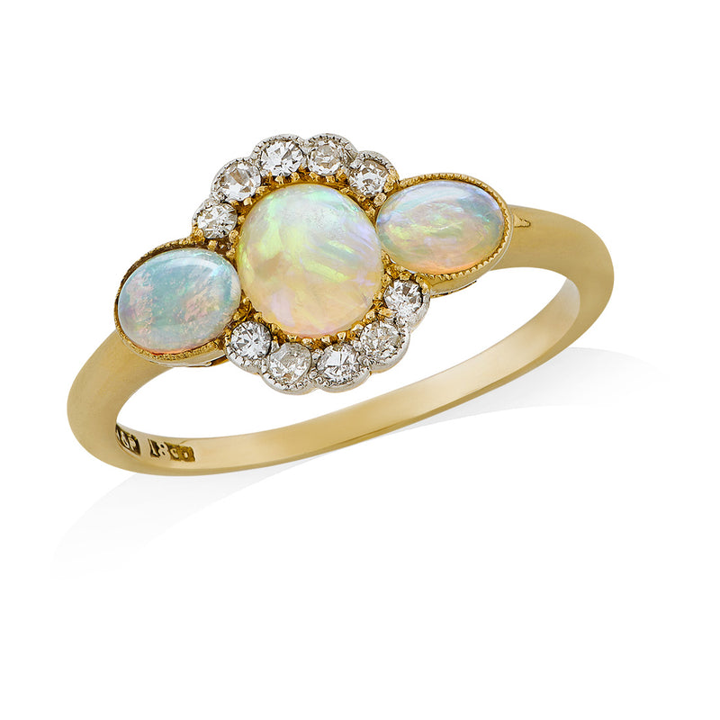 Antique 18ct Yellow Gold and Platinum Cabochon Cut Opal and Old Cut Diamond Cluster Ring