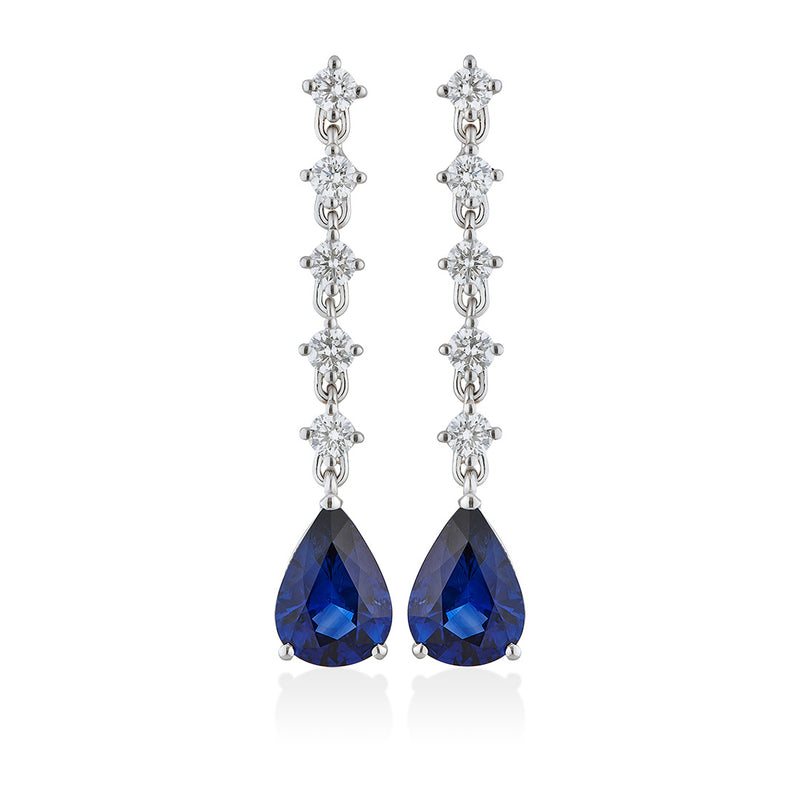 18ct White Gold Three Claw Set Pear Shaped Sapphire and Round Brilliant Cut and Diamond Drop Earrings