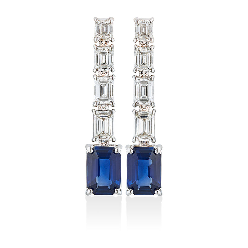 18ct White Gold Four Claw Set Emerald Cut Sapphire and Emerald Cut Diamond Drop Earrings