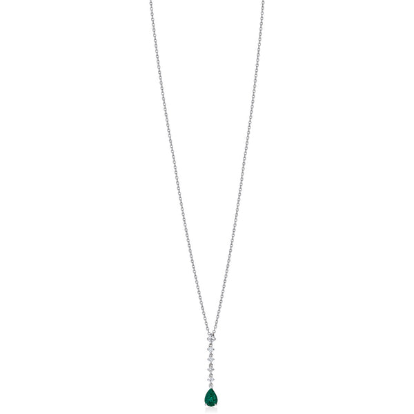 18ct White Gold Three Claw Set Pear Shaped Emerald and Round Brilliant Cut and Diamond Drop Pendant and Chain