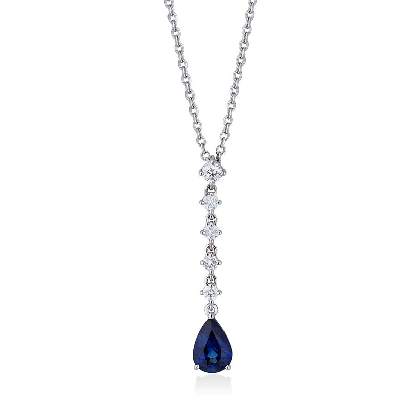 18ct White Gold Three Claw Set Pear Shaped Sapphire and Round Brilliant Cut Diamond Drop Pendant and Chain