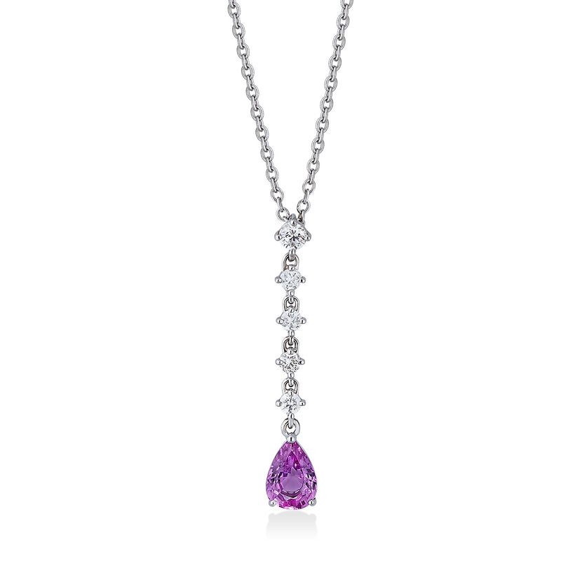 18ct White Gold Three Claw Set Pear Shaped Pink Sapphire and Round Brilliant Cut Diamond Drop Pendant and Chain