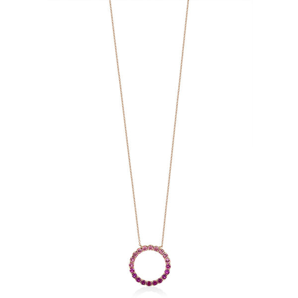 18ct Rose Gold Four Claw Set Round Cut Pink Sapphire and Round Cut Ruby Circular Pendant and Chain