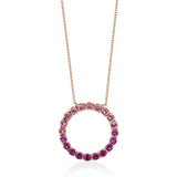 18ct Rose Gold Four Claw Set Round Cut Pink Sapphire and Round Cut Ruby Circular Pendant and Chain