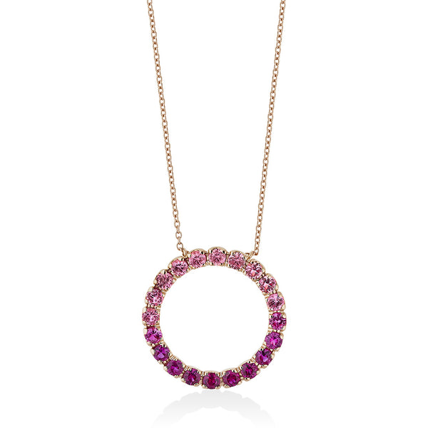 18ct Rose Gold Four Claw Set Round Cut Pink Sapphire and Round Cut Ruby Circular Pendant and Chain