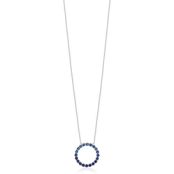 18ct White Gold Four Claw Set Round Cut Sapphire Circular Pendant and Chain