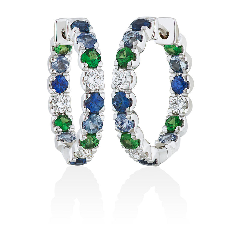18ct White Gold Four Claw Set Round Cut Sapphire and Round Cut Tsavorite Hoop Earrings