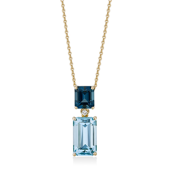 18ct Yellow Gold Four Claw Set Emerald Cut Blue Topaz and Emerald Cut London Blue Topaz Drop Pendant and Chain