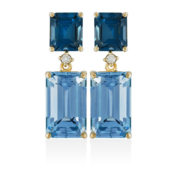 18ct Yellow Gold Four Claw Set Emerald Cut Blue Topaz and Emerald Cut London Blue Topaz Drop Earrings