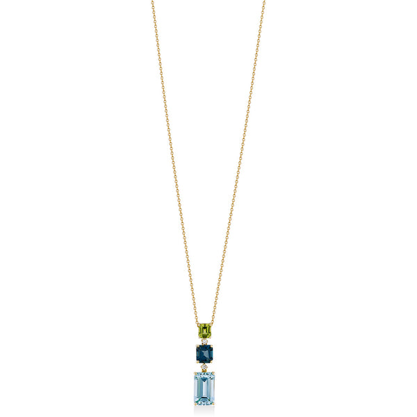 18ct Yellow Gold Four Claw Set Emerald Cut Blue Topaz and Emerald Cut London Blue Topaz and Peridot Drop Pendant and Chain