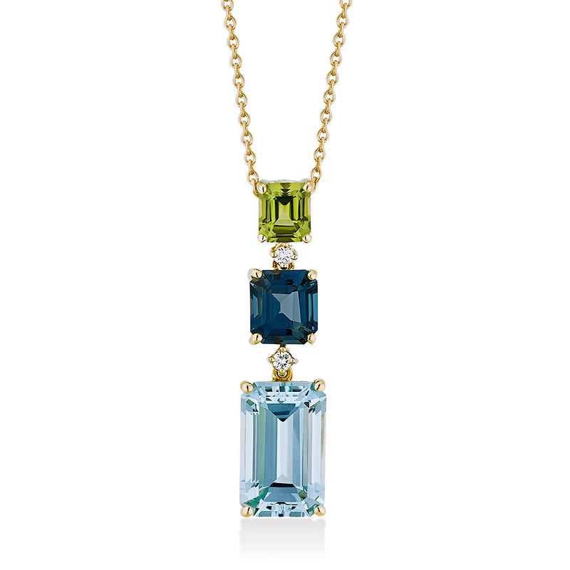 18ct Yellow Gold Four Claw Set Emerald Cut Blue Topaz and Emerald Cut London Blue Topaz and Peridot Drop Pendant and Chain