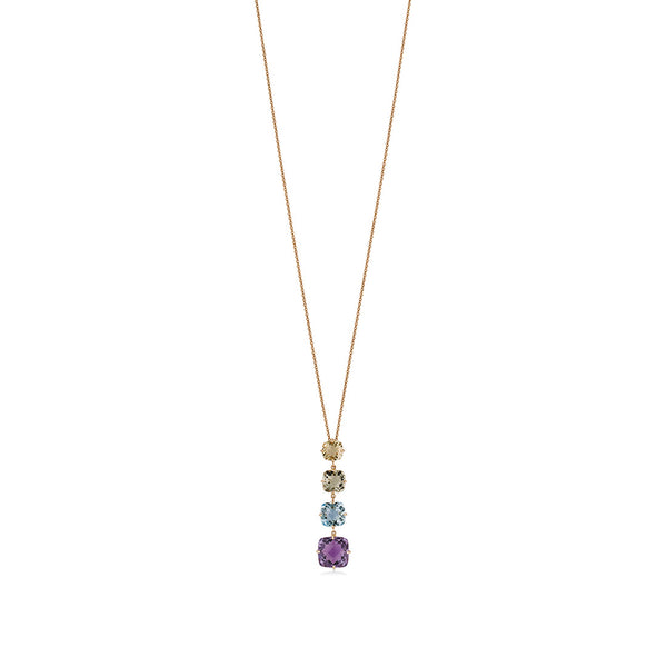 18ct Rose Gold Four Claw Set Multi-Faceted Cut Amethyst and Multi-Faceted Cut Mixed Gemstone Drop Pendant and Chain