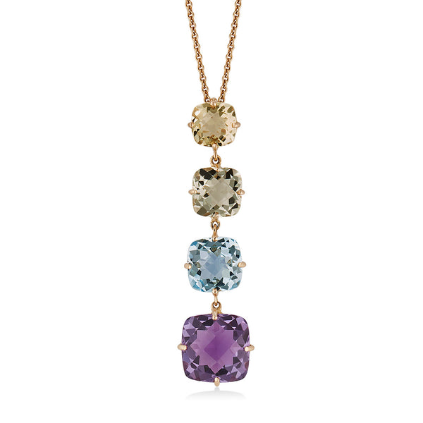 18ct Rose Gold Four Claw Set Multi-Faceted Cut Amethyst and Multi-Faceted Cut Mixed Gemstone Drop Pendant and Chain