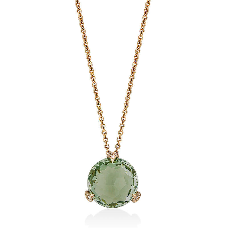 18ct Rose Gold Three Claw Set Multi-Faceted Cut Green Amethyst and Round Brilliant Cut Diamond Pendant and Chain