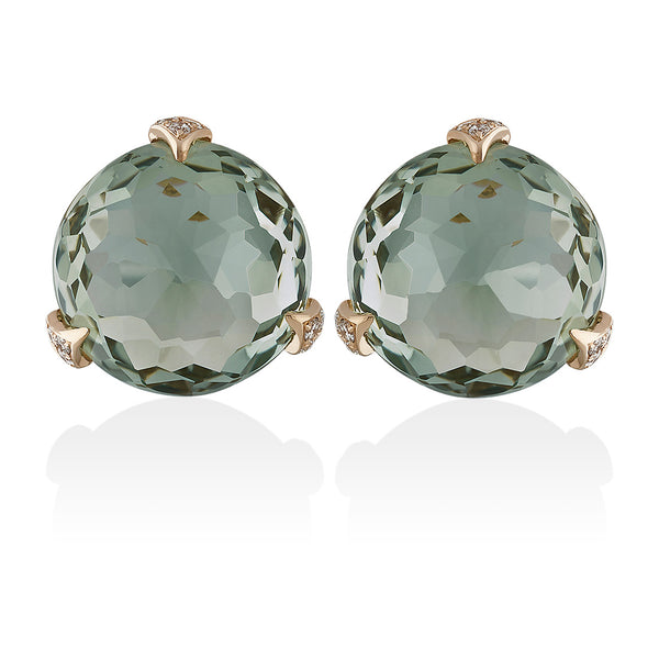 18ct Rose Gold Three Claw Set Multi-Faceted Cut Green Amethyst and Round Brilliant Cut Diamond Stud Earrings