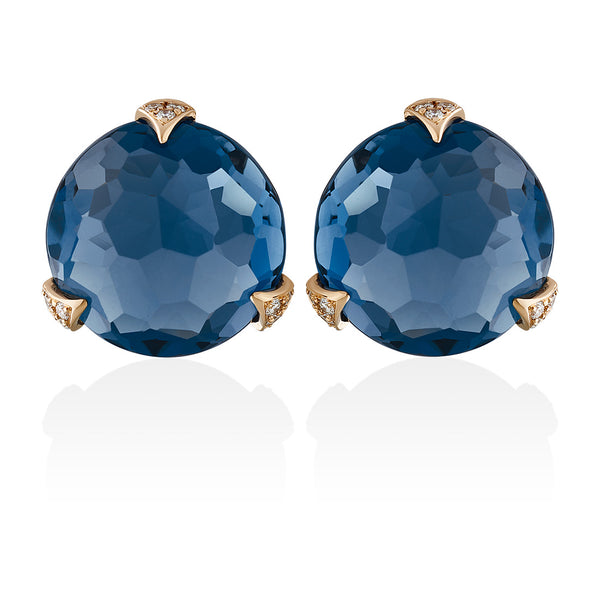 18ct Rose Gold Three Claw Set Multi-Faceted Cut London Blue Topaz and Round Brilliant Cut Diamond Stud Earrings