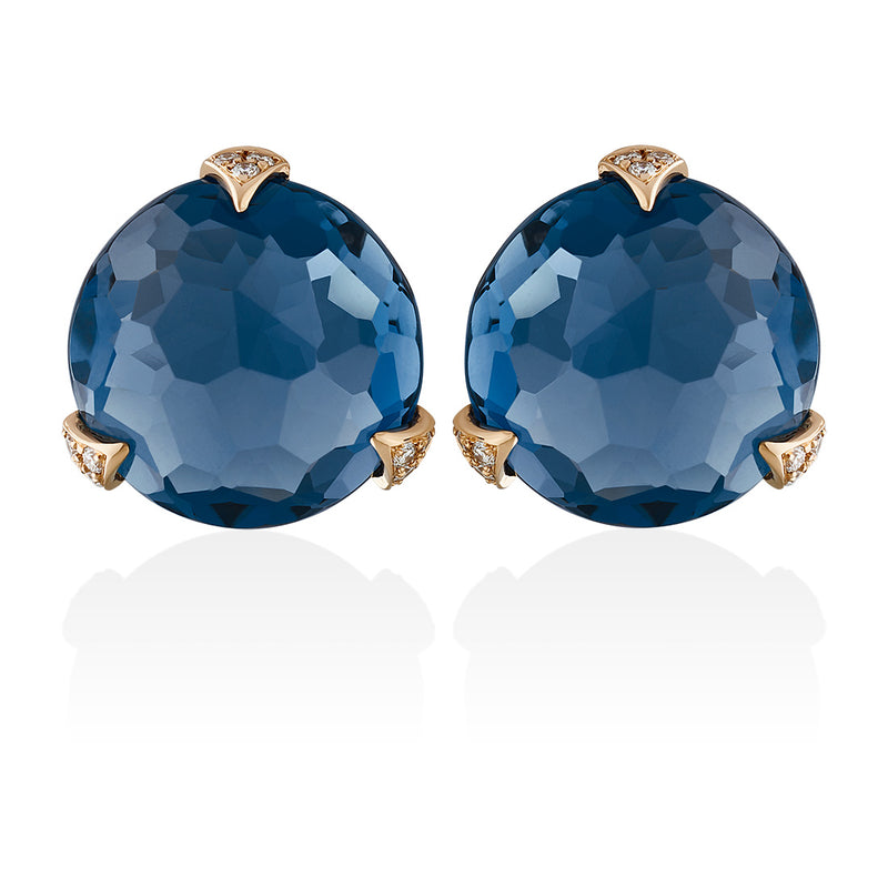 18ct Rose Gold Three Claw Set Multi-Faceted Cut London Blue Topaz and Round Brilliant Cut Diamond Stud Earrings
