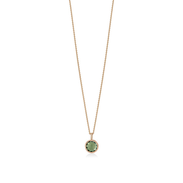 18ct Rose Gold Rub Set Cabochon Cut Green Amethyst and Round Brilliant Cut Diamond Halo Cluster Pendant and Chain
