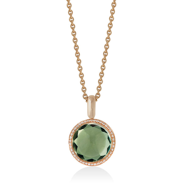 18ct Rose Gold Rub Set Cabochon Cut Green Amethyst and Round Brilliant Cut Diamond Halo Cluster Pendant and Chain