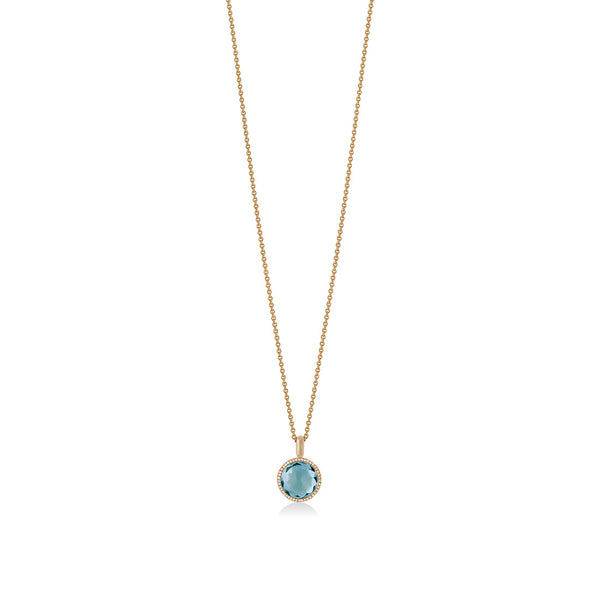 18ct Rose Gold Rub Set Cabochon Cut Blue Topaz and Round Brilliant Cut Diamond Halo Cluster Pendant and Chain