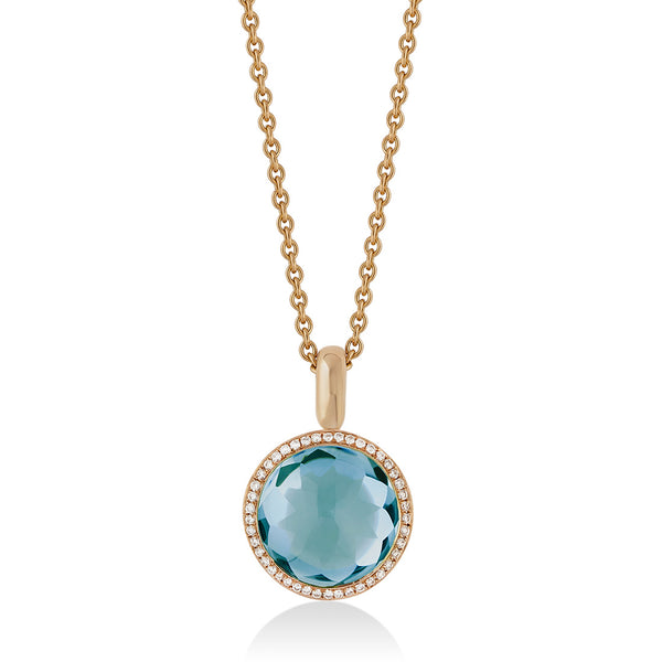 18ct Rose Gold Rub Set Cabochon Cut Blue Topaz and Round Brilliant Cut Diamond Halo Cluster Pendant and Chain