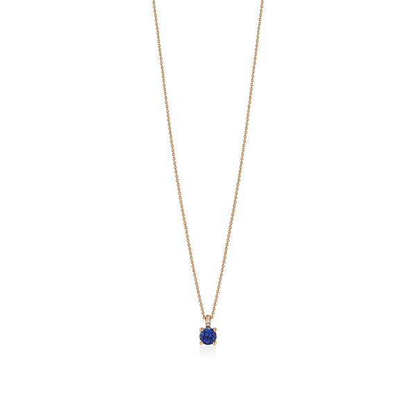 18ct Rose Gold Four Claw Set Round Cut Tanzanite and Round Brilliant Cut Diamond Pendant and Chain