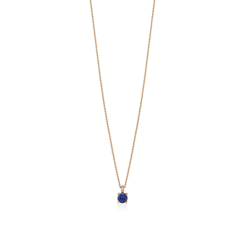 18ct Rose Gold Four Claw Set Round Cut Tanzanite and Round Brilliant Cut Diamond Pendant and Chain